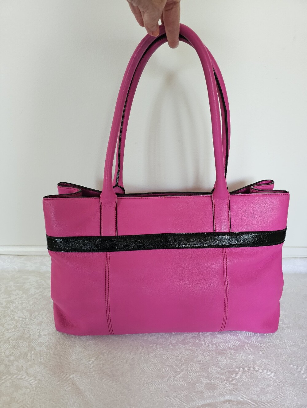 Kate Spade Rosa Mount Pink Leather Tote with Black Trim and Patent Leather Bow - Picture 6 of 16